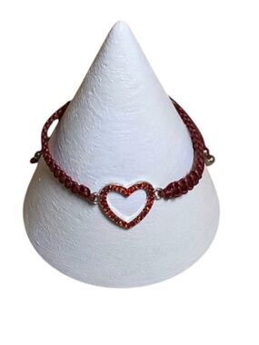 Red Heart Rhinestone Macramé Bracelet Pull Cord New